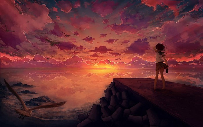 anime girls, artwork, school uniform, sunset, landscape, Aya (artist)