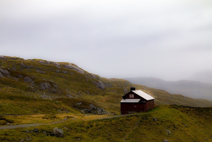 alone, isolation, mountain top, cabin, nature, mist, landscape