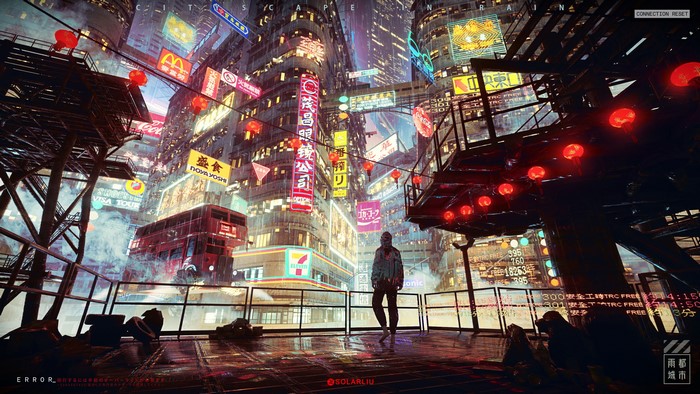 Solarliu, Chinese characters, rain, 4K, science fiction, artwork, digital art, cyberpunk, city, architecture, cityscape