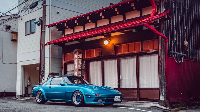urban, street, Mazda RX-7, colored wheels, Japanese cars, Japan, pop-up headlights, blue cars, Mazda, Mazda RX-7 FB, car, custom