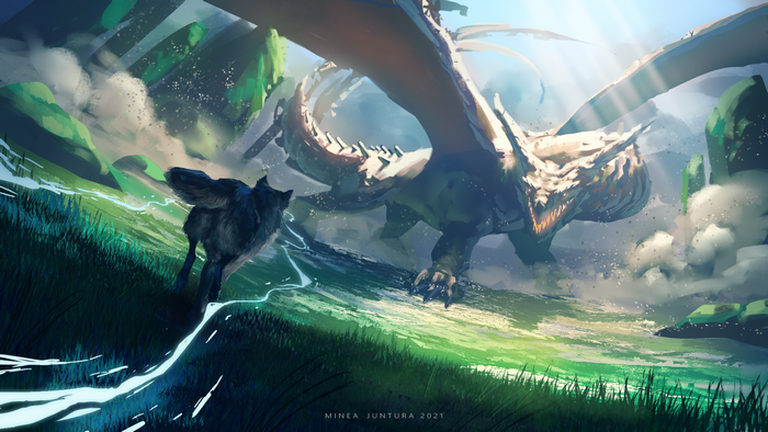 wolf, digital art, Minjuart, artwork, fantasy art, dragon, DeviantArt