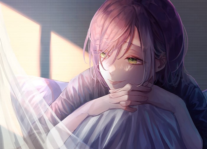 short hair, anime, green eyes, in bed, pink hair, looking away, light effects, anime girls, curtains