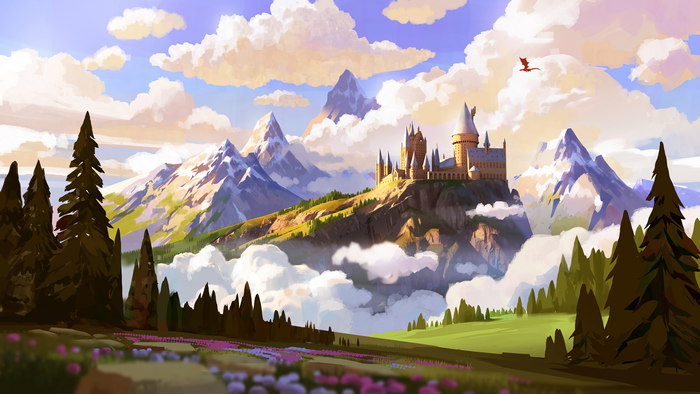 4K, mountains, castle, clouds, digital art, Harry Potter, Hogwarts, trees, fantasy art