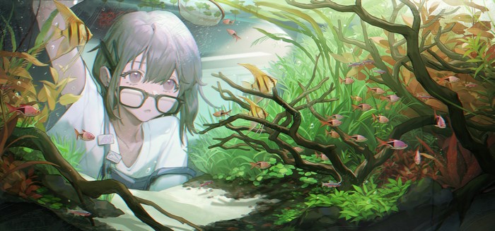 4K, clocks, glasses, anime, aquarium, short hair, gray eyes, pencils, fish, dark hair, anime girls