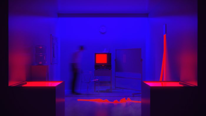 neon lights, red, blue, office, TV, CGI, abstract, neon, digital art, render