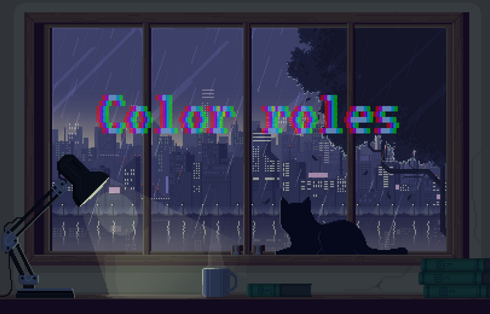 Pixel Art Cat and Rainy Cityscape with Desk Lamp