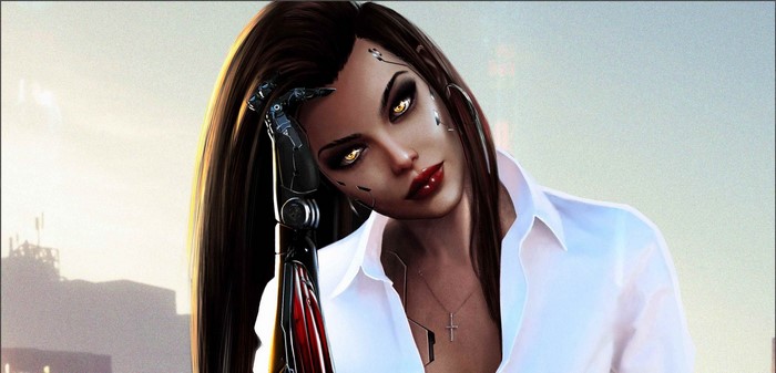 red lipstick, katana, face, sitting, city, cyber city, white shirt, high heels, cyberpunk, sword, long hair, yellow eyes, brunette, white blouse, women