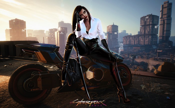 4K, women, sword, white shirt, yellow eyes, city, motorcycle, red lipstick, sitting, high heels, cyber city, white blouse, long hair, cyberpunk, face, katana, brunette