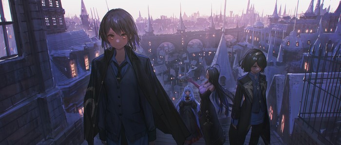 4K, Reoen, anime girls, digital art, cityscape, anime
