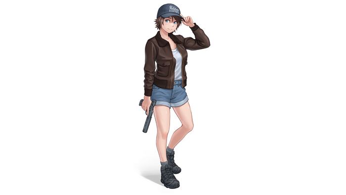 gun, jacket, hat, shorts, KZM, original characters, brunette