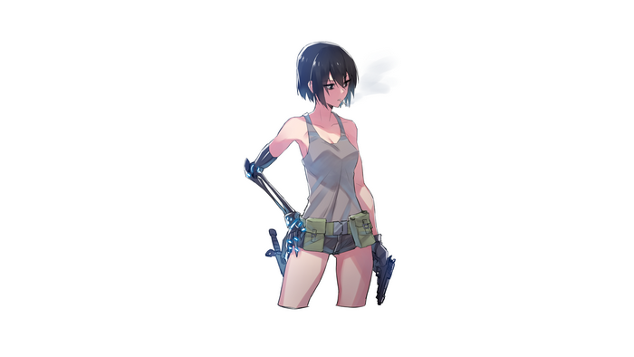 prosthesis, short hair, anime girls, shorts, pistol, Supernew, black hair, original characters, gun