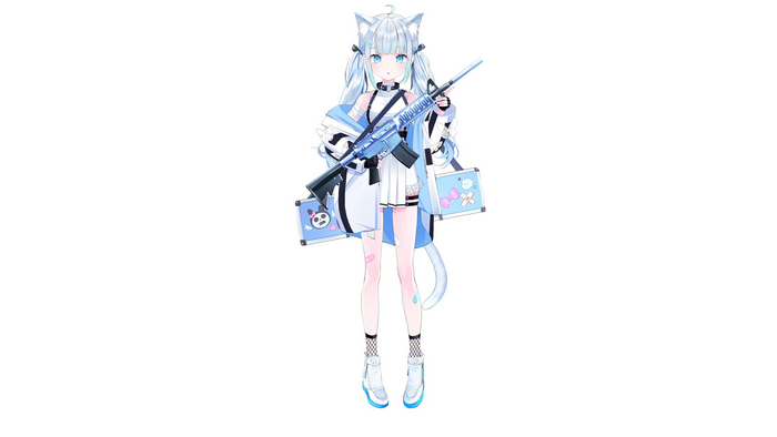 blue hair, Amatsuka Uto, blue eyes, gun, cat tail, cat ears, cat girl, armalite rifle, Nabi