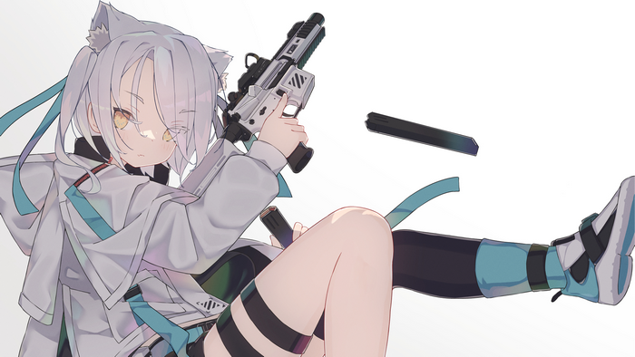 white hair, cat girl, original characters, mpx, gun, Hoji, coats, cat ears