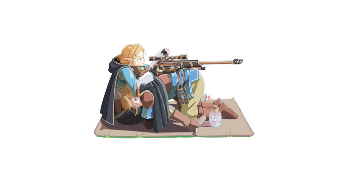 The Legend of Zelda, Zelda, gun, Automatic Giraffe, cloaks, blue eyes, Link, sniper rifle, blonde
