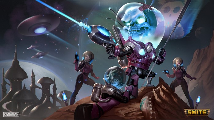 digital art, laser pistol, space, fantasy art, aliens, Smite, Narendra B Adi, spacesuit