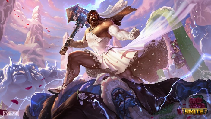 Loki, Smite, Mjolnir, digital art, Thor, clouds, crossdressing, Narendra B Adi, fantasy art