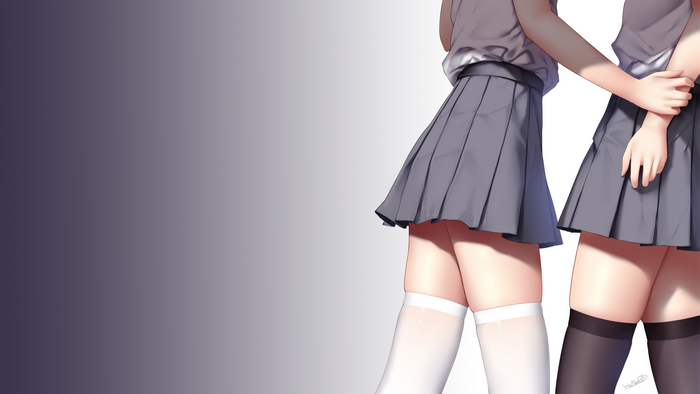 school uniform, simple background, anime girls, pleated skirt, stockings, wsman, thigh-highs, artwork