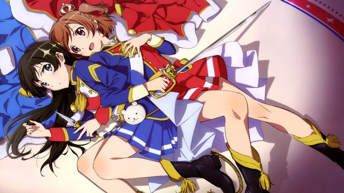 4K, brunette, dark hair, Shoujo☆Kageki, uniform, weapon, anime girls