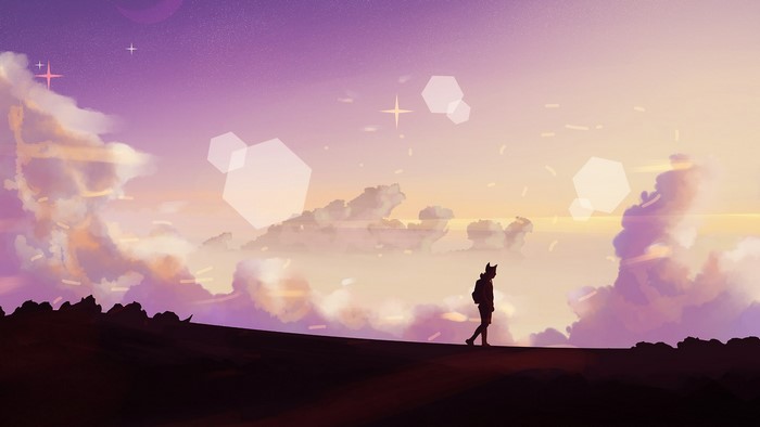 sunset, pink, clouds, stars, sky, cat boy