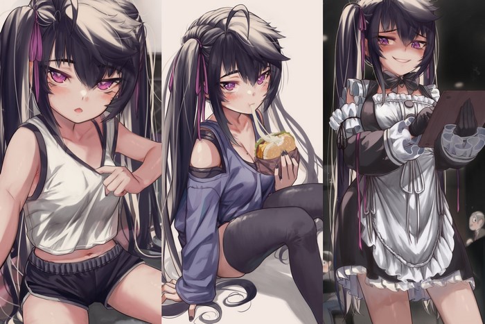 purple eyes, Torriet, maid outfit, black hair, anime girls, gym clothes, blush, grin