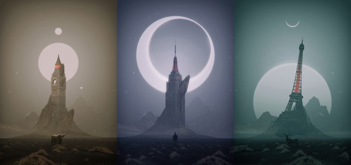 artwork, architecture, Big Ben, Eiffel Tower, Empire State Building, fantasy art, post apocalypse, tower