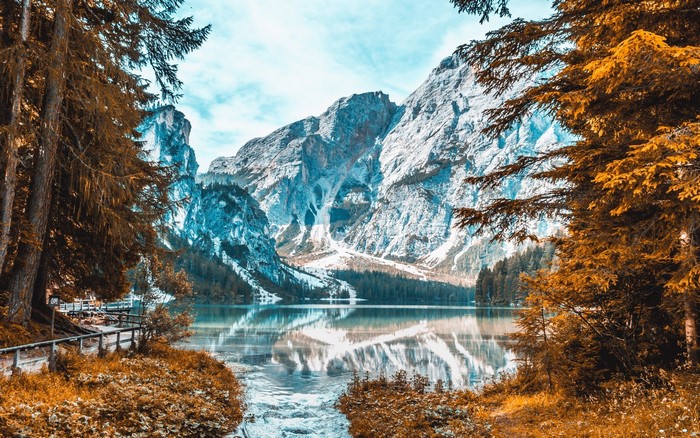 lake, snow, snowy mountain, fall, mountains, nature