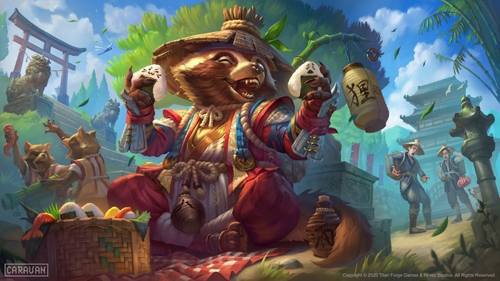 Smite, digital art, raccoons, Asian architecture, Ramza Ardyputra, rice, tanuki