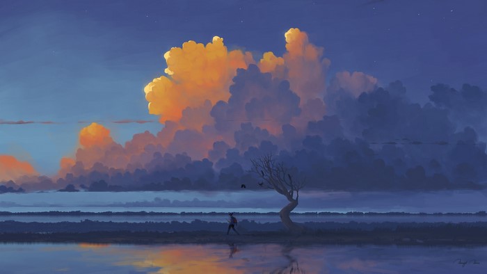 afternoon, clouds, landscape, digital painting