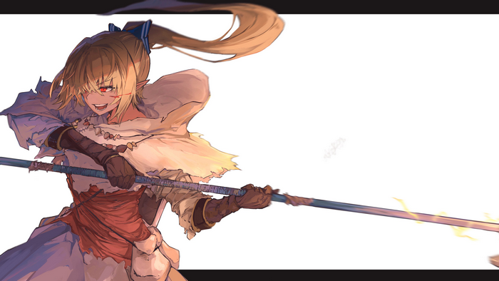 red eyes, anime girls, Dark Souls, dark skin, Virtual Youtuber, dark elf, elves, Hololive, blonde, ponytail, Tsumeki, Shiranui Flare, artwork