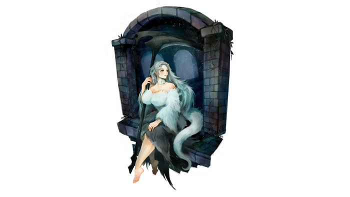 scythe, white hair, Dark Souls, Priscilla the Crossbreed (Dark Souls), dress, Setz