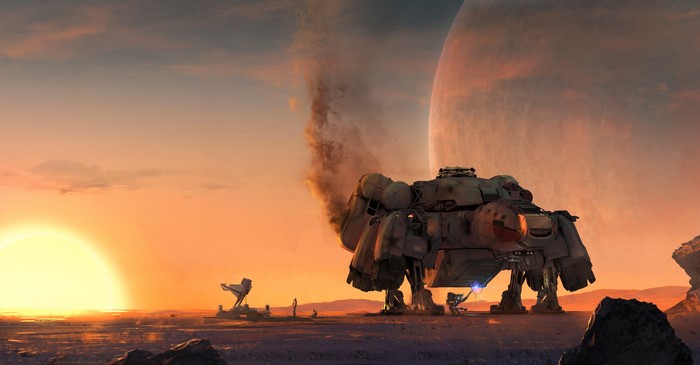 4K, video games, sunset, spaceship, robot, STARFIELD_the game, Bethesda Softworks, planet, video game art, concept art