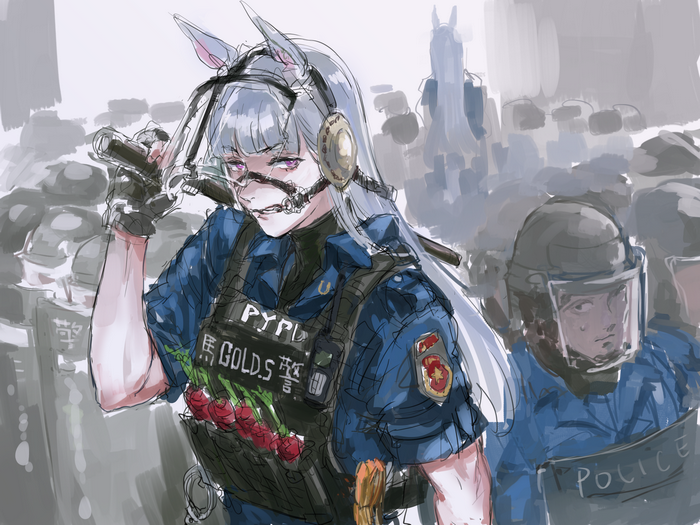 fan art, mask, artwork, purple eyes, fingerless gloves, silver hair, looking at viewer, clenched teeth, alternate costume, biceps, Gold Ship (Uma Musume), turtlenecks, anime girls, Uma Musume Pretty Derby, long hair, sweatdrop, 2D, animal ears, handcuffs, police, carrots, police women, horse girls, parted lips, anime, blunt bangs, sketches