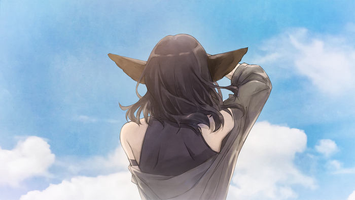 anime, dress, dark hair, shoulder length hair, anime girls, clouds, animal ears, sky