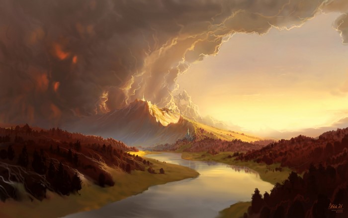 4K, Philipp A. Ulrich, castle, landscape, mountains, digital art, clouds