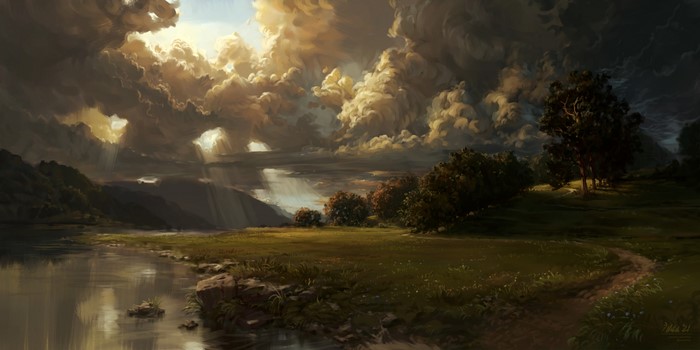 4K, clouds, Philipp A. Ulrich, trees, road, landscape, digital art