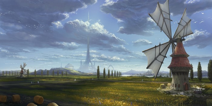 4K, castle, landscape, clouds, digital art, windmill