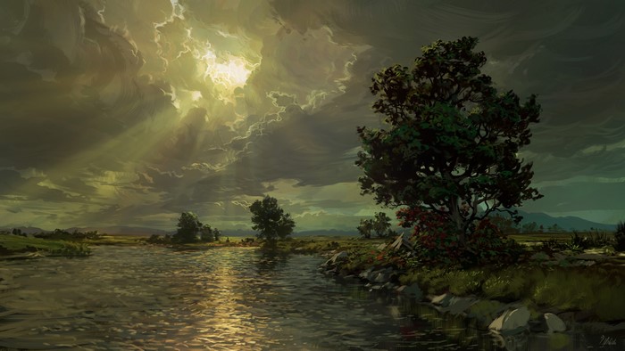 4K, Philipp A. Ulrich, lake, clouds, landscape, trees, digital art