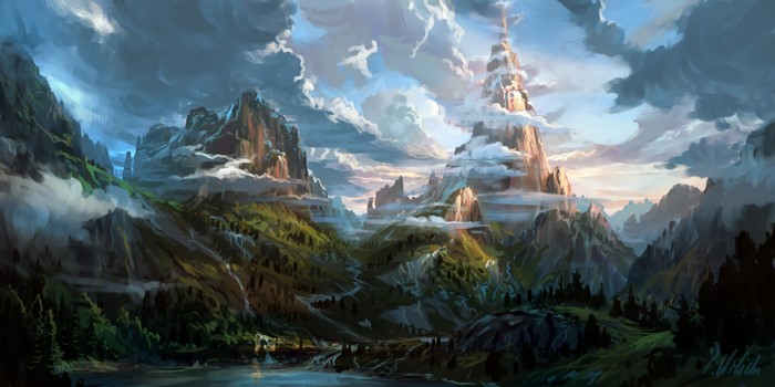 4K, clouds, Philipp A. Ulrich, digital art, mountains, forest, river, landscape