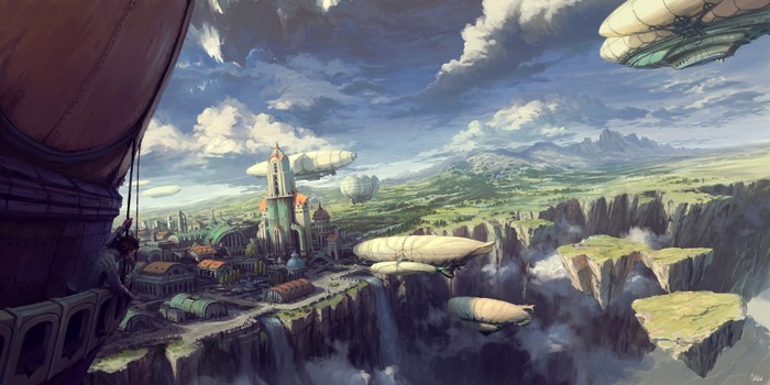 clouds, digital art, Philipp A. Ulrich, airships, fantasy city, landscape