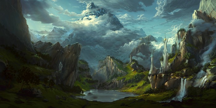 4K, clouds, trees, Philipp A. Ulrich, castle, landscape, digital art, mountains
