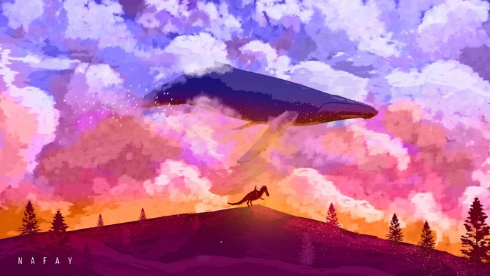 Muhammad Nafay, whale, surreal, clouds, fantasy art, digital art, birds
