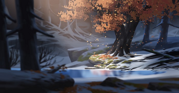 4K, Kevin Gnutzmans, digital art, snow, trees, lake