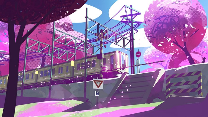 digital art, pink, trees, train, Kevin Gnutzmans