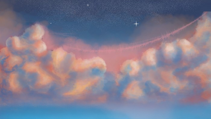 fantasy art, overcast, sky, stars, sunset, clouds