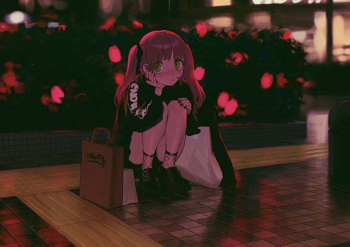 4K, thighs, 2D, night, blunt bangs, green eyes, gothic lolita, anime girls, redhead, kneeling, embarrassed, twintails, original characters, long hair