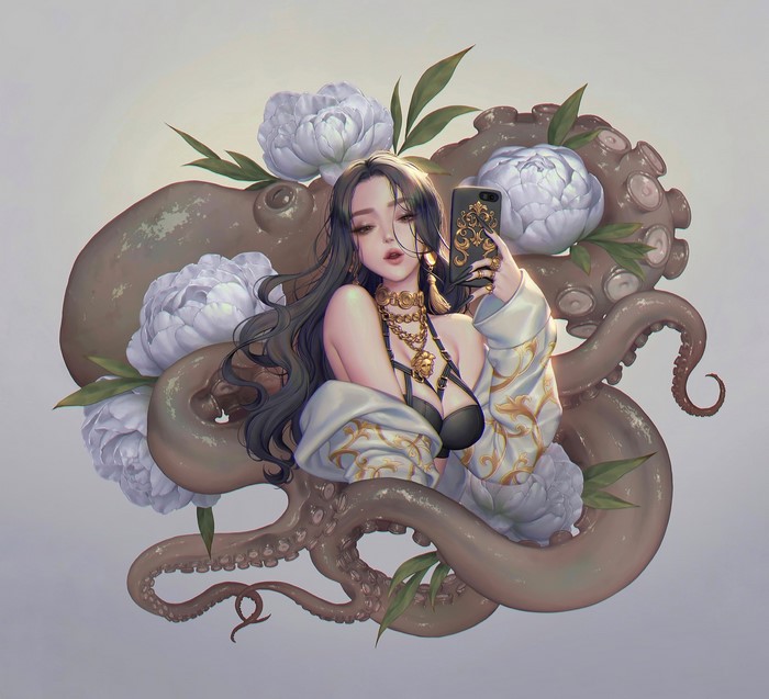 lips, flowers, anime, bar, love cacao, long nails, necklace, octopus, selfies, long hair, phone, Lovecacao, anime girls