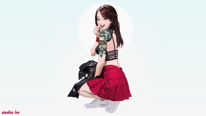 smiling, simple background, leather jackets, skirt, looking at viewer, red lipstick, tattoo, ArtStation, original characters, long hair, WB.lee, artwork