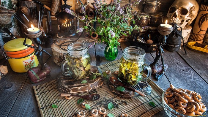 candles, mugs, sweets, plants, skull, food, spices, still life, spoon