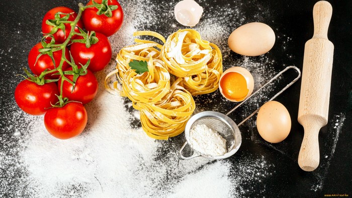 noodles, food, tomatoes, pasta, cooking, eggs, flour, rolling pin