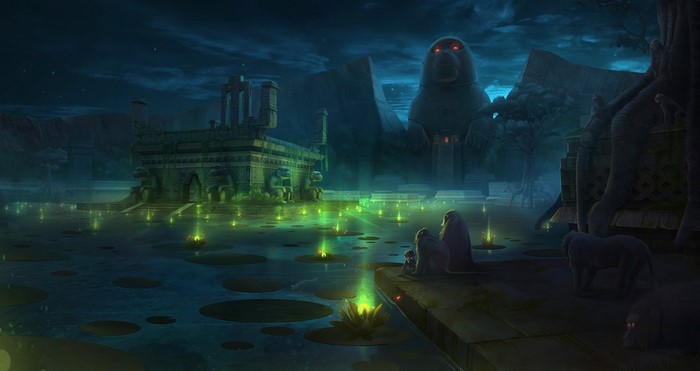 water, night, fantasy art, monkey, temple, Alex Accorsi, digital art, lotus flowers